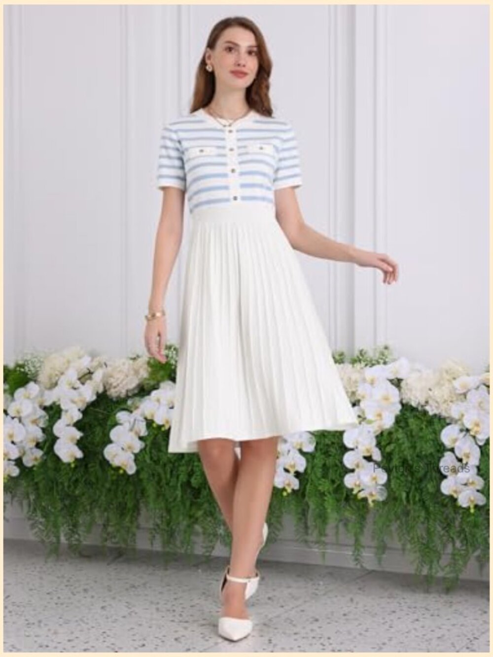 Striped Pleated A-Line Knit Sweater Dress Short Sleeve Midi Casual - Picture 3 of 6